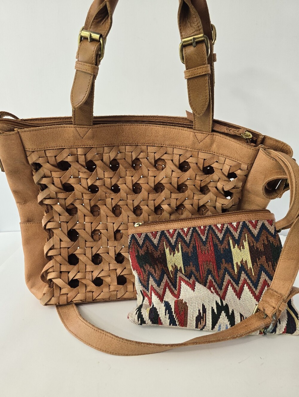 Anabaglish Hadley Woven Leather Satchel Crossbody With Pouch Bag Purse Set Tan - Picture 2 of 16